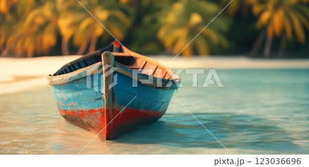 Colorful wooden boat floating on calm water near tropical beach in philippines Colorful wooden boat floating on calm water near tropical beach in philippines 123036696