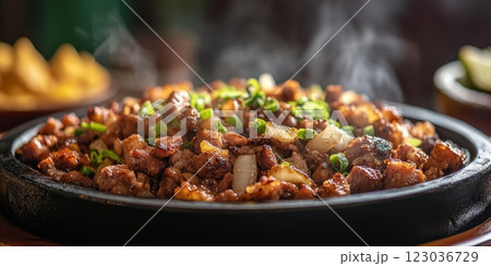 Steaming sisig served on a sizzling plate in philippines restaurant Steaming sisig served on a sizzling plate in philippines restaurant 123036729