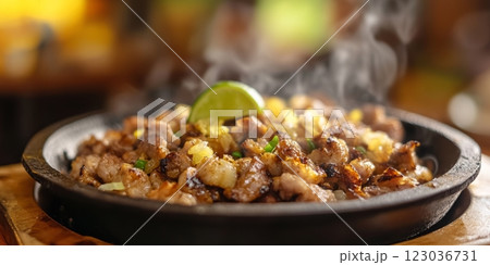 Sizzling pork sisig served on hot plate, philippines cuisine Sizzling pork sisig served on hot plate, philippines cuisine 123036731