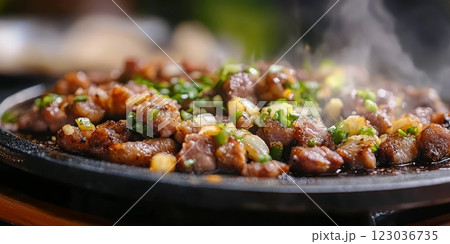 Sizzling pork sisig cooking on hot plate in philippines restaurant Sizzling pork sisig cooking on hot plate in philippines restaurant 123036735