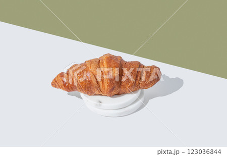 Fresh croissant on a marble stands on a green and white background with shadow. Fresh croissant on a marble stands on a green and white background with shadow. 123036844