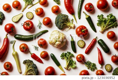 A Colorful Assortment of Various Fresh Vegetables Displayed on a Bright White Background 123036952