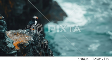 Atlantic puffin standing on rock overlooking alaskan coast 123037159