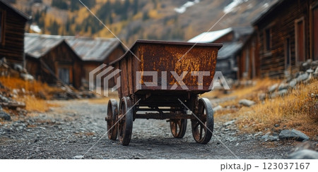 Rusty mining cart stands on gravel road in kennecott, alaska Rusty mining cart stands on gravel road in kennecott, alaska 123037167