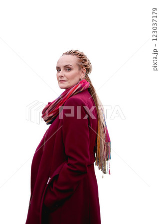 a middle-aged woman with braided afro braids in a coat, isolated, png 123037179