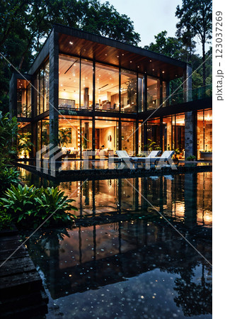 A Modern Glass House Nestled Amidst Lush Nature at Dusk, Creating a Beautiful Atmosphere A Modern Glass House Nestled Amidst Lush Nature at Dusk, Creating a Beautiful Atmosphere 123037269