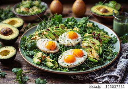 A Nutritious and Healthy Breakfast featuring Eggs and Avocado served on a Bed of Fresh Greens 123037281