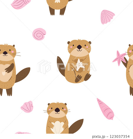 Seamless patterns with cute otters and pink seashells 123037354
