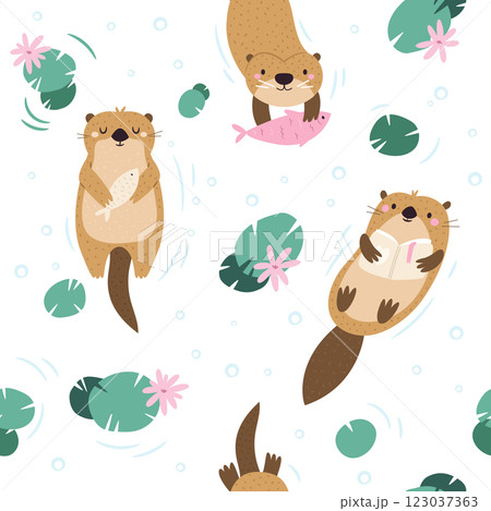 Seamless patterns with cute otters floating among water lilies Seamless patterns with cute otters floating among water lilies 123037363