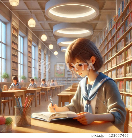 明るい図書館で宿題をする中学生 明るい図書館で宿題をする中学生 123037495