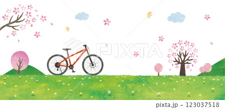 自転車と桜の草原春の風景 123037518