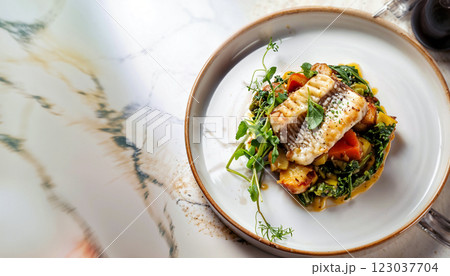 An Elegant Plated Dish Featuring Fresh Fish Accompanied by Colorful Fresh Vegetables 123037704