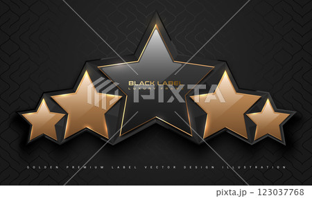 Black glossy 5 star top rank logo badge frame. Luxury polygonal stone sign, golden rim border, black background. Abstract vector premium achievement five star glass icon. Reflection gold light effect 123037768