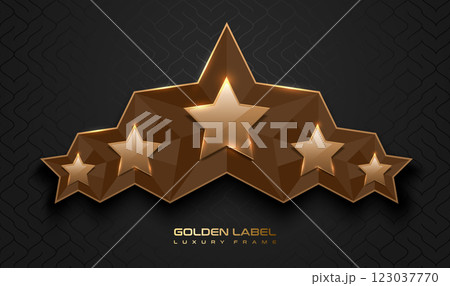 Gold glossy 5 star top rank logo badge frame. Luxury polygonal stone sign, golden rim border, black background. Abstract vector premium achievement five star glass icon. Reflection gold light effect 123037770