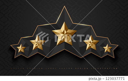Gold glossy 5 star top rank logo badge frame. Luxury polygonal stone sign, golden rim border, black background. Abstract vector premium achievement five star glass icon. Reflection gold light effect 123037771