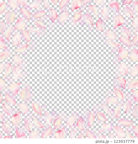 Frame with sakura flowers on background. Spring blooming cherry blossom flowers for Hanami festival. Delicate shades of pink, lilac, lilac, purple petals. Watercolor template for card, poster, web 123037779
