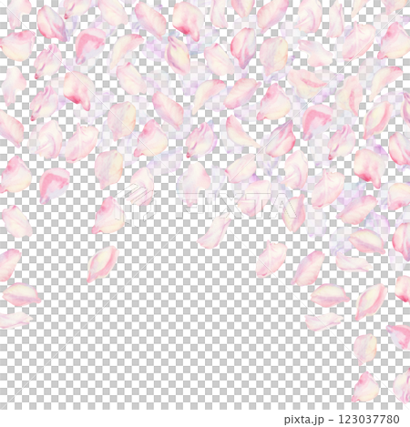 Frame with sakura flowers on background. Spring blooming cherry blossom flowers for Hanami festival. Delicate shades of pink, lilac, lilac, purple petals. Watercolor template for card, poster, web 123037780