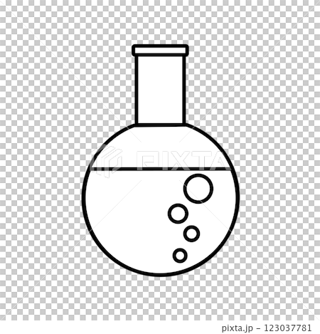 液体の中で泡がブクブクしている丸底フラスコ；線画アイコン;イラスト 123037781