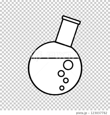 液体の中で泡がブクブクしている丸底フラスコ；線画アイコン;イラスト 123037782