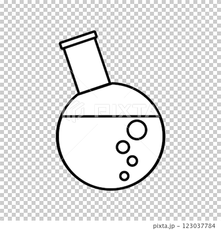 液体の中で泡がブクブクしている丸底フラスコ；線画アイコン;イラスト 123037784