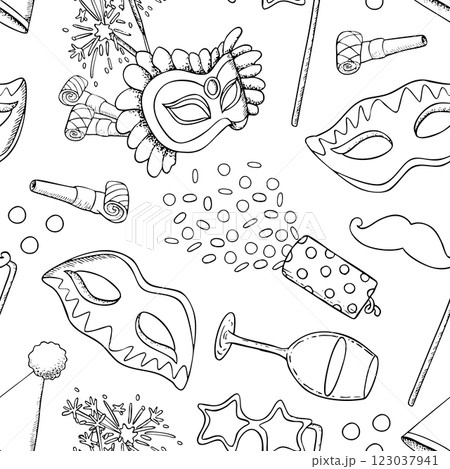 Line Mardi Gras masquerade and carnival symbols black and white vector seamless pattern with masks, confetti poppers and star glasses on stick. Hand drawn background for kids Purim coloring book 123037941