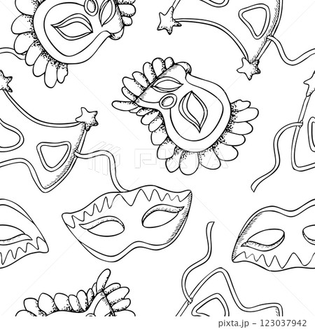 Venetian masks line vector seamless pattern in black and white with masquerade masks for Mardi Gras and Purim carnivals. Ink illustration for coloring 123037942
