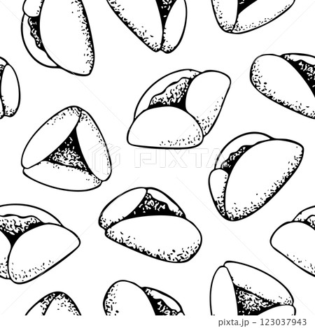 Line Purim cookies vector seamless pattern in black and white. Simple background illustration for holiday banners, cards and packaging. Jewish traditional pastry Oznei Haman or Hamantaschen 123037943