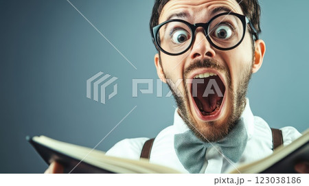 Man with intense expression reading 123038186