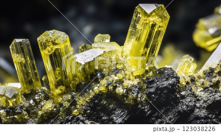 Yellow crystal in black rock 123038226
