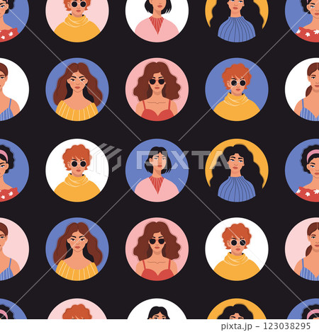 Woman Seamless pattern. Modern Female Portrait In round avatar on black background. Holiday March 8 Women's Day. Vector illustration. Celebration and feminism concept 123038295
