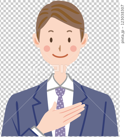 Illustration of a businessman with his hand on his chest Trust 123038307