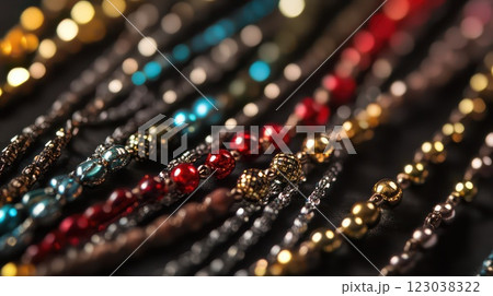 Colorful beads displayed on a dark surface 123038322
