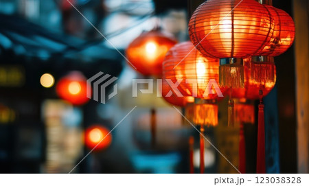 Lanterns light up a vibrant evening street 123038328