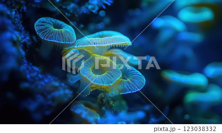 Underwater mushrooms glow in blue light Underwater mushrooms glow in blue light 123038332