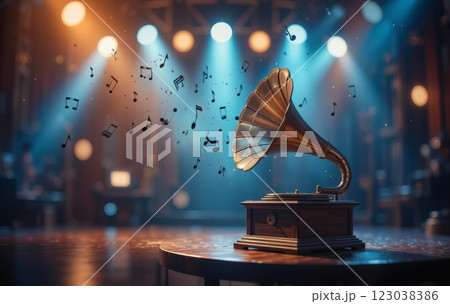 Vintage Gramophone in a Jazz Club Timeless Music Atmosphere Vintage Gramophone in a Jazz Club Timeless Music Atmosphere 123038386