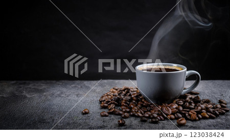 ホットコーヒーとコーヒー豆 ホットコーヒーとコーヒー豆 123038424