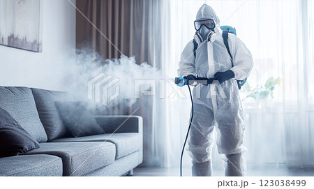 防護服を着た作業員が室内を消毒する様子 123038499