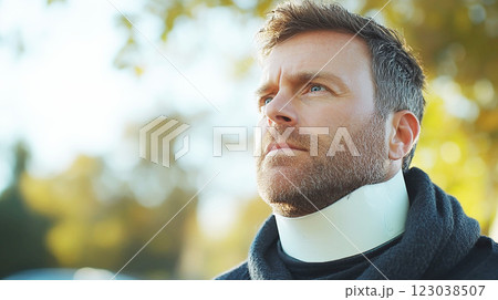 首にコルセットをつけた男性 首にコルセットをつけた男性 123038507