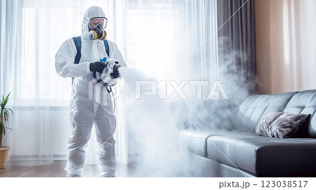 防護服で消毒作業を行う作業員 防護服で消毒作業を行う作業員 123038517