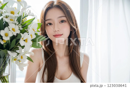 若い女性と白い花　ヘアケアイメージ「AI生成画像」 123038641