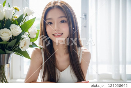 若い女性と白い花　ヘアケアイメージ「AI生成画像」 123038643