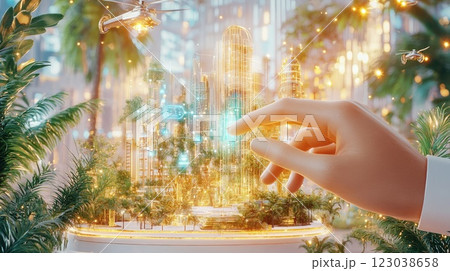Finger reaches to illuminate futuristic city model surrounded by greenery in a conceptual vision of urban landscapes 123038658