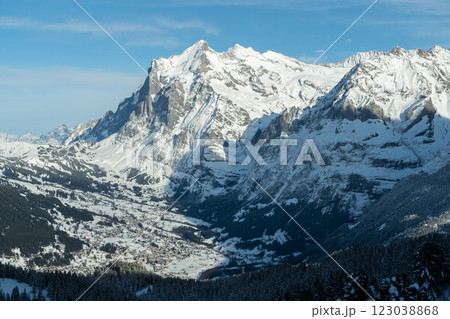 Wetterhorn Mountain and Grindelwald Village in Winter. Switzerland Wetterhorn Mountain and Grindelwald Village in Winter. Switzerland 123038868