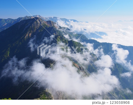 鹿島槍ヶ岳から望む夏の五龍岳と白馬三山 123038908