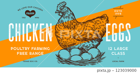 Chicken, hen with nest, eggs. Sketch artwork silhouette chicken with nest, eggs. Label, tag, chicken nest, eggs sketch ink pencil style drawing, engrave old school style. Vector Illustration 123039000