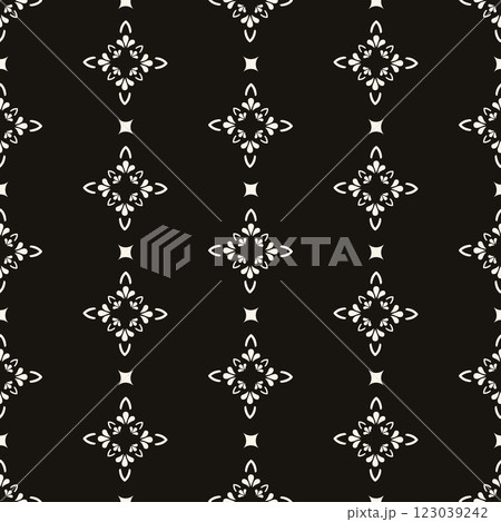 Simple minimalist geometric seamless pattern. Abstract monochrome minimal background with small floral shapes. Subtle repeat design for decor, print. 123039242