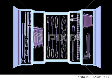 3D illustration of a toolbox filled with instruments in colorful X-ray style 123039475