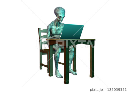 3D illustration of a humanoid alien working with a laptop 123039531