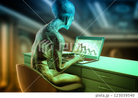 3D illustration of a humanoid alien working with a laptop 3D illustration of a humanoid alien working with a laptop 123039540