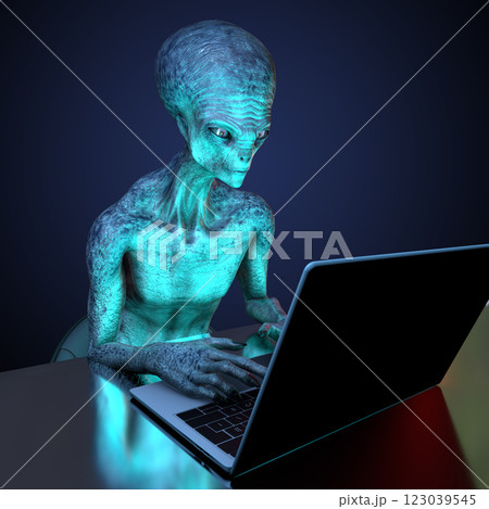 3D illustration of a humanoid alien working with a laptop 123039545